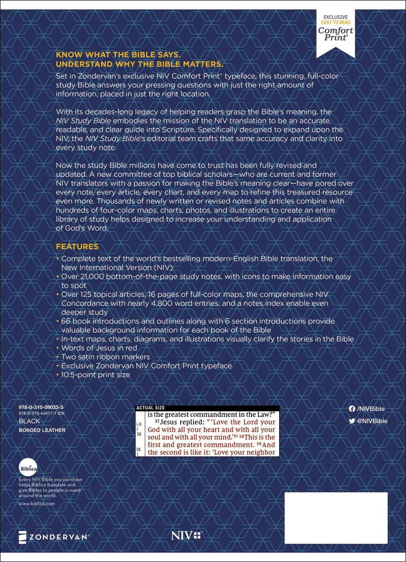 NIV Study Bible - Large Print - Black Bonded Leather, Indexed