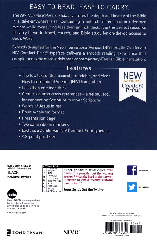 NIV Thinline Reference Bible Black Bonded Leather