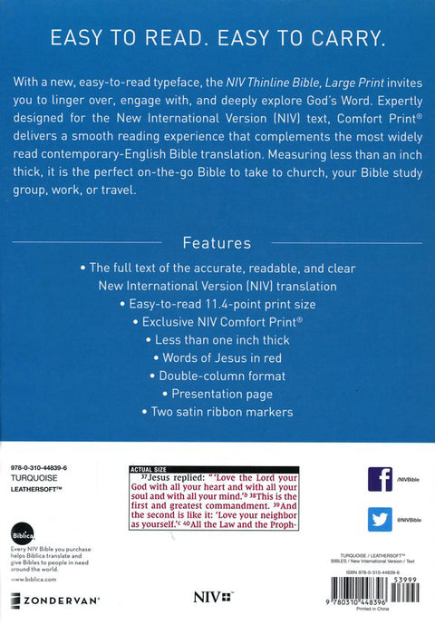NIV Thinline Large Print Bible Leathersoft