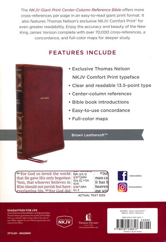NKJV Giant Print Center-Column Reference Bible Brown Leathersoft