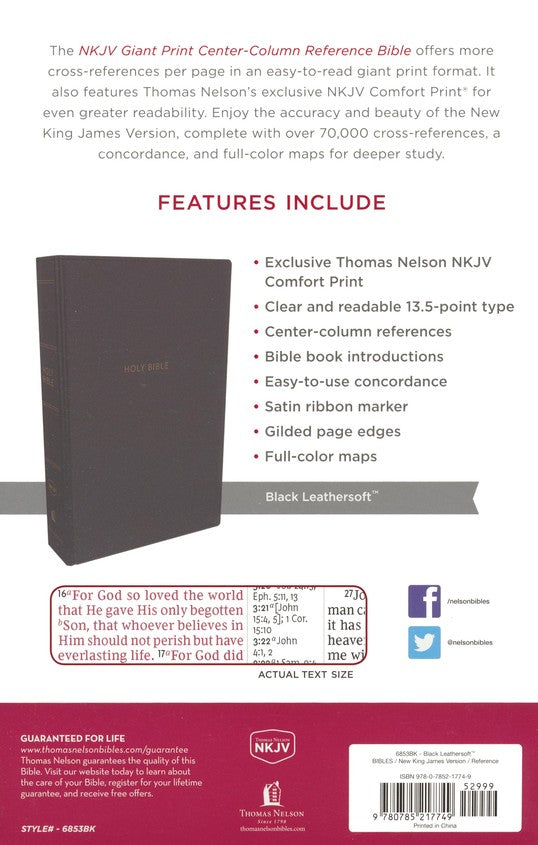 NKJV Giant Print Center-Column Reference Bible Black Leathersoft Indexed