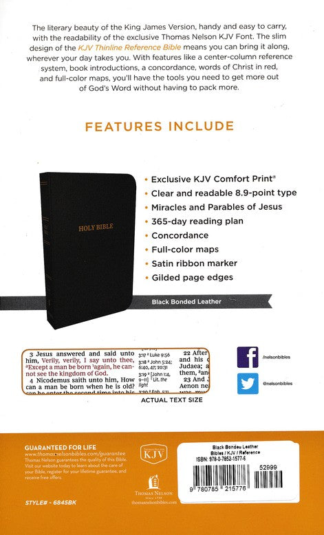 KJV Thinline Reference Bible Black Bonded, Indexed