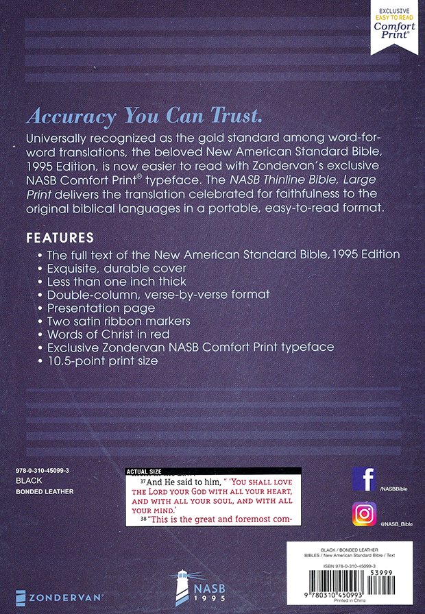 NASB Thinline Large Print Bible - Black Bonded Leather