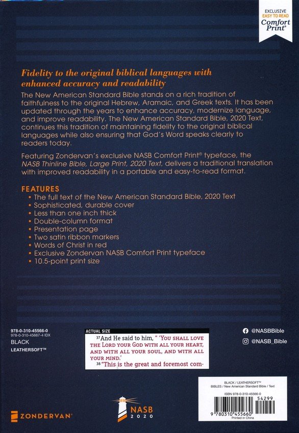 NASB 2020 Text Thinline Large Print Bible - Black Leathersoft