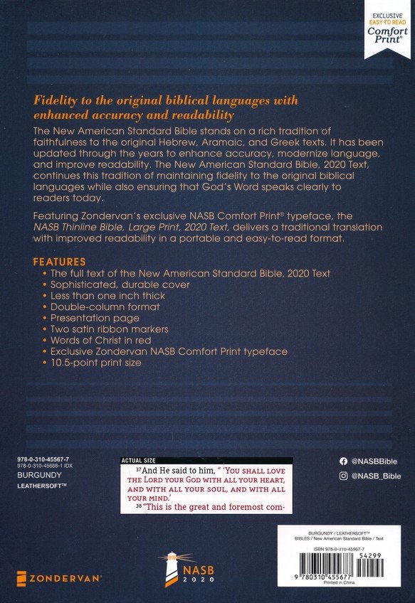 NASB 2020 Text Thinline Large Print Bible - Burgundy Leathersoft