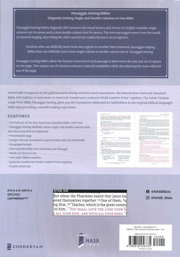 NASB Large Print Thinline Bible Passaggio Setting Brown Leathersoft