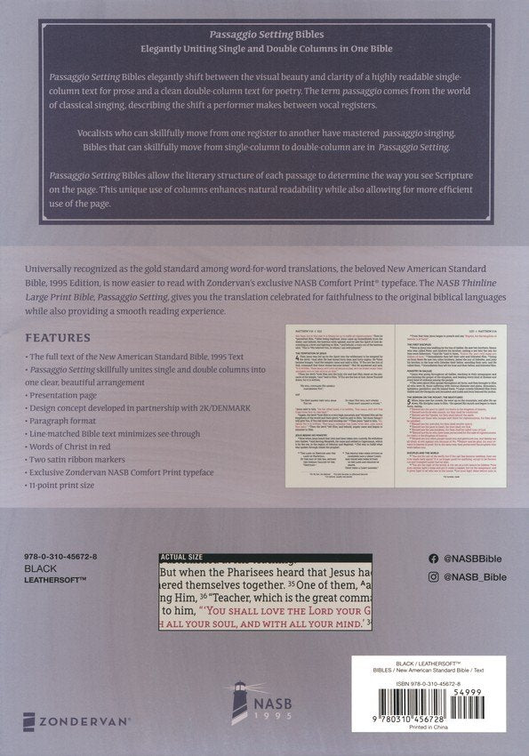 NASB Large Print Thinline Bible Passaggio Setting Black Leathersoft *