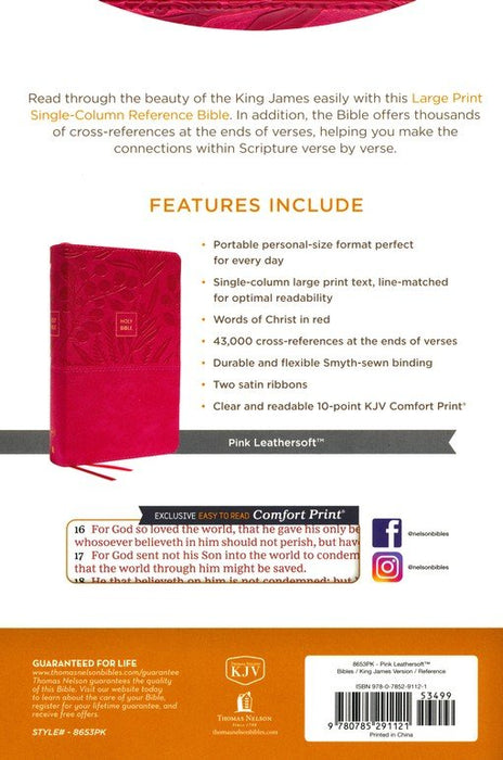 KJV Personal Size Large Print Single-Column Reference Bible, Pink Leathersoft