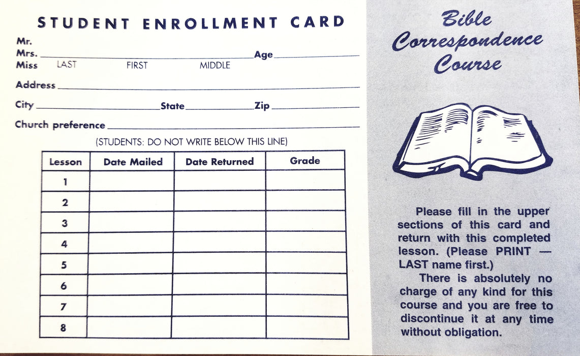 Hurt Bible Correspondence Course Enrollment/Attendance Cards