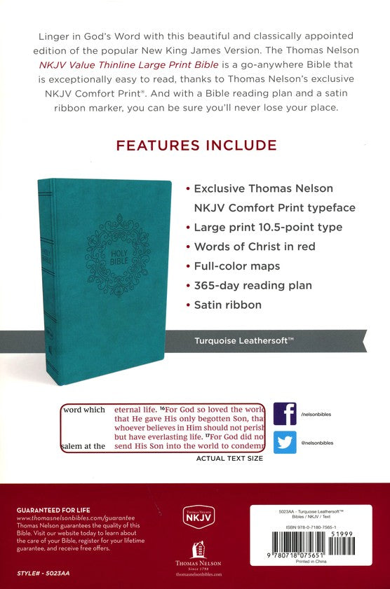 NKJV Value Large Print Thinline Bible Turquoise Leathersoft